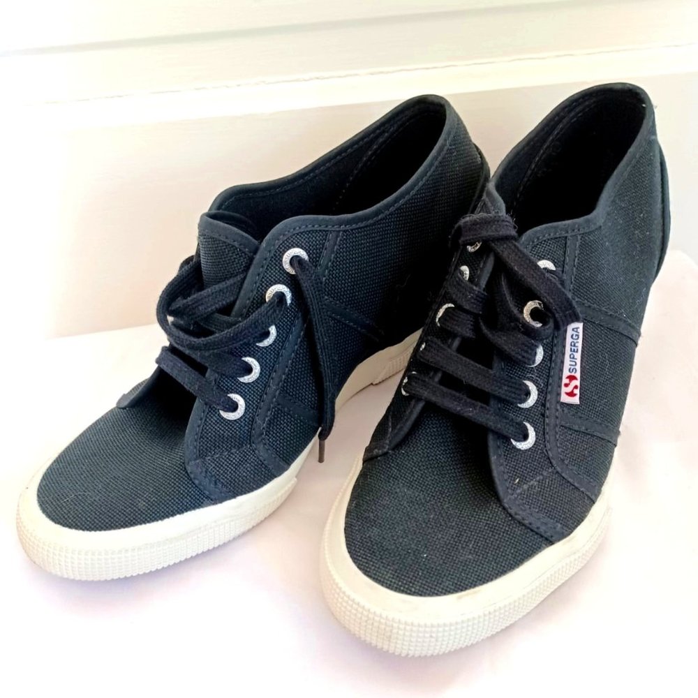 RARE Superga Hidden Wedge Black Canvas Sneakers, US 8/EU 39